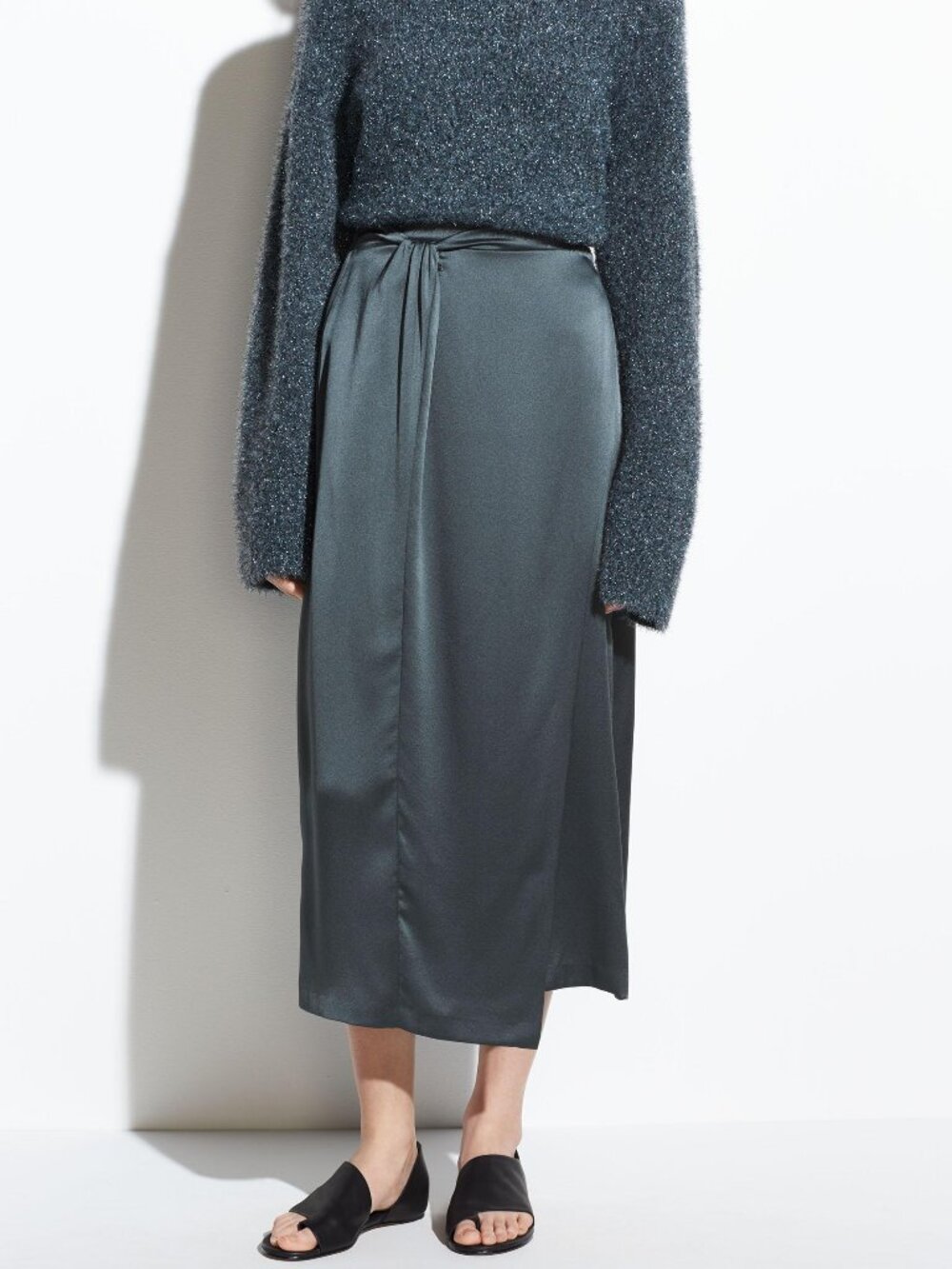 NWT Vince Knot Paneled Silk Satin Midi Skirt in Mineral Stone Green Size XS $325 - Picture 7 of 16